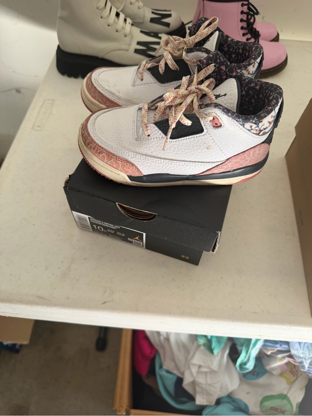 Jordan Kids White and Pink Floral Accent Sneakers